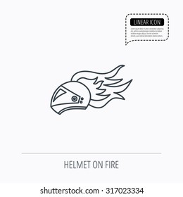 Helmet on fire icon. Motorcycle sport sign. Linear outline icon. Speech bubble of dotted line. Vector