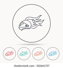 Helmet on fire icon. Motorcycle sport sign. Linear circle icons.
