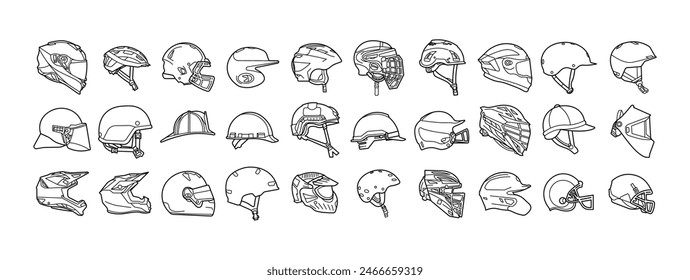 Helmet outline vector set illustration