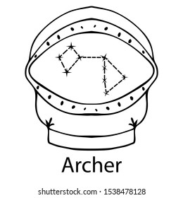 Helmet with a reflection of the constellation archer. White background.