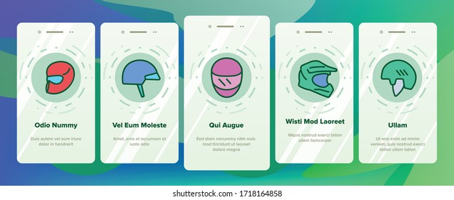 Helmet Rider Accessory Onboarding Icons Set Vector. Helmet Head Protection For Biker, Motorcyclist And Cyclist In Different Design Illustrations