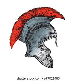Helmet of the Roman Legionnaire, hand drawn doodle, sketch in woodcut style, vector illustration