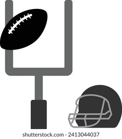 Helmet And Rugby Ball Cartoon Vector Icon Illustration. Sport Icon Concept Isolated Premium Vector. American football sport game goal post with ball and helmet. Silhouette vector illustration on white