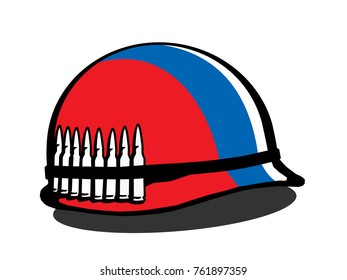 Helmet with Russian flag and bullets - militarization and armament of Russia. Military equipment for warfare and defence of country. Vector illustration