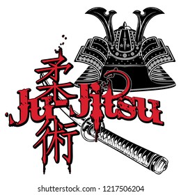 Helmet and Samurai sword. Japanese martial arts. Inscription hieroglyphs - Ju-jitsu: softness art. Japanese culture. Black tattoo. Illustrations for t shirt print. Vector illustration.