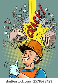 Helmet saves worker from brick. Safety at enterprises and construction sites. Reliable protection from unexpected problems. Comic cartoon pop art retro vector illustration hand drawing