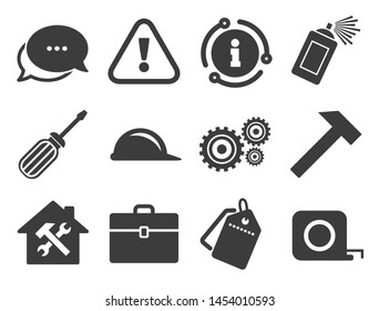 Helmet, screwdriver and hammer signs. Discount offer tag, chat, info icon. Repair, construction icons. Gears, painting spray and attention symbols. Classic style signs set. Vector