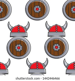 Helmet and shield Norway history vikings armory seamless pattern vector headgear with horns history and culture Norwegian traditions endless texture hardhat and military protection ancient relics.