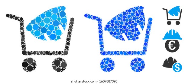 Helmet shopping composition of filled circles in various sizes and color tinges, based on helmet shopping icon. Vector filled circles are grouped into blue composition.