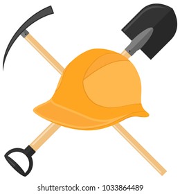 Helmet with a shovel and pickax. Icon helmets Miner. Flat design, vector illustration, vector.