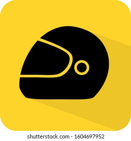 Helmet Sign. Biker head protector. Motorcycle hard hat. Flat 3D shadow design. yellow background black vector. product brand service label banner board display. App icon.