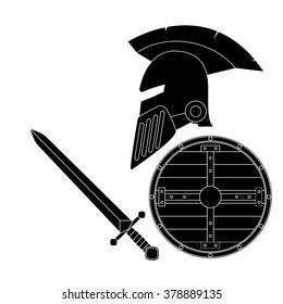 Helmet, sword  and shield. Vector illustration isolated on white background.