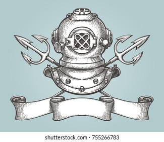 Helmet with tridents and ribbon drawn in vintage style. Diving emblem or label. Vector illustration