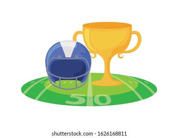 Helmet and trophy design, American football super bowl sport hobby competition game training equipment tournement and play theme Vector illustration