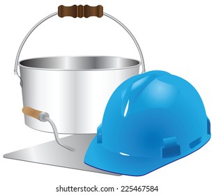 Helmet and trowel bricklayer with a bucket of cement. Vector illustration.