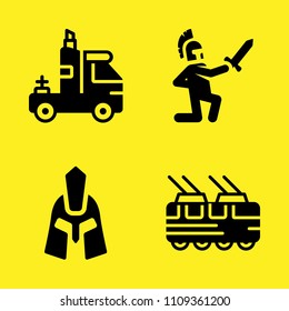 helmet, truck, battle and tram vector icon set. Sample icons set for web and graphic design