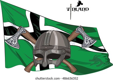 The Helmet Of A Viking Crossed Battle Axes On The Background Of The Flag Of Vinland, Vector Illustration, Eps-10