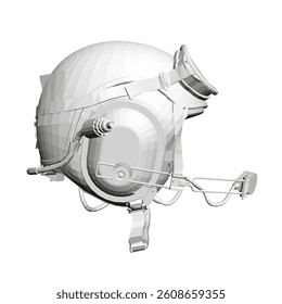 A helmet with a visor and ear muffs. The helmet is white and has a black strap