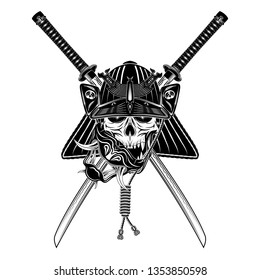 Helmet and warrior mask against the background of the Samurai's swords. Demon warrior. Dead head. Skull of the monster. Japanese fantasy Samurai. Black tattoo. Illustrations for t shirt print. Vector.