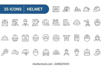 Helmet Web Icons Set in Line or outline Style related to Helmet, hard hat. Icons For Web and Mobile Apps. Linear icons collection. Editable strokes. Vector illustration.	