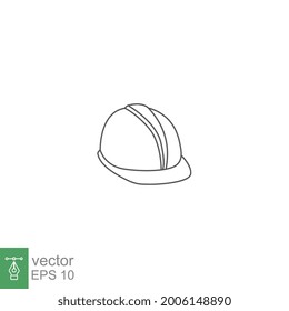 Casco, trabajador, línea de icono de construcción. Seguridad y protección de casquillos duros con precaución industrial, sombrero amarillo de silueta para equipo técnico. Ilustración vectorial. Diseño en fondo blanco. EPS 10