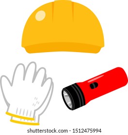 Helmet and working gloves and a flashlight