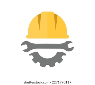 Helmet, wrench and gear logo design. Safety and protection, engineer. Workwear, helmet construction and cogwheel vector design and illustration.