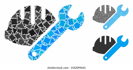 Helmet with wrench mosaic of rugged elements in variable sizes and color hues, based on helmet with wrench icon. Vector rugged items are composed into collage.