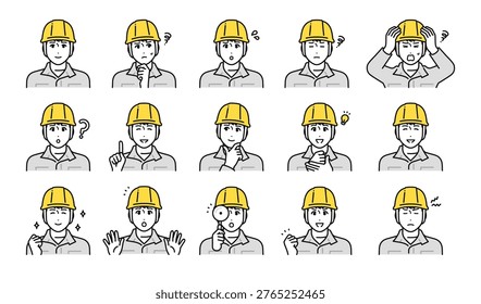 Helmet, Young man Worker, Expression Icon Set