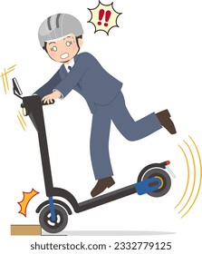 Helmeted man upset when his electric kickboard hits a bump