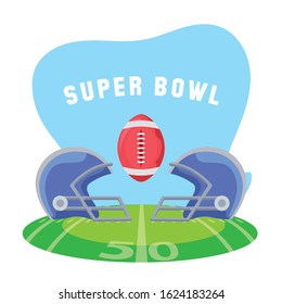 Helmets and ball over field design, Super bowl american football sport hobby competition game training equipment tournement and play theme Vector illustration