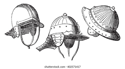 Helmets of Cromwell's time, vintage engraved illustration. Colorful History of England, 1837.
