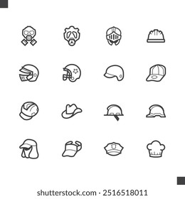 Helmets, Hats, Caps, Headgears, elements black line icons set on white background, High Quality.