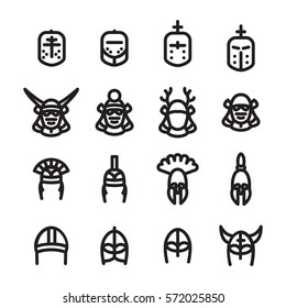 Helmets icon set. Medieval, Samurai, Roman, Greek and Viking helmets icon set. Vector.