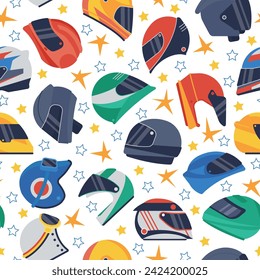 Helmets seamless pattern. Retro helmet, motorcycle or bicycle headgear. Head protection elements. Moto fabric print, decent vector background