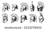 Helmets of spartan, roman and greek warriors or gladiators, vector, trojan or Sparta soldier head armor icons. Centurion helmets of medieval knight, spartan and roman gladiator armour helmets