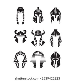 Capacetes de guerreiros ou gladiadores espartanos, romanos e gregos, ícones de armaduras de cabeça de soldados de vetor, troiano ou espartano.logotipos de espartanos ou gladiadores