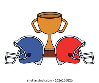 Helmets and trophy design, American football super bowl sport hobby competition game training equipment tournement and play theme Vector illustration