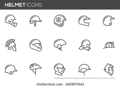 Helmets Vector Line Icons Set. Construction helmet, motorcycle helmet, hard hat. Editable stroke. Perfect pixel icons, such can be scaled to 24, 48, 96 pixels.