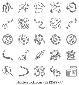 Helminth outline icons set - parasitic worms vector concept signs. Fluke, tapeworm, nematode line symbols