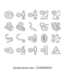 Helminto parásito Iconos de gusano redondo conjunto Vector. gusano de perro, helminto del corazón Ascaris, gato interno, mascota de nematodo, oxiuro Giardia Helminto parásito Roundworm Black contour illustrations