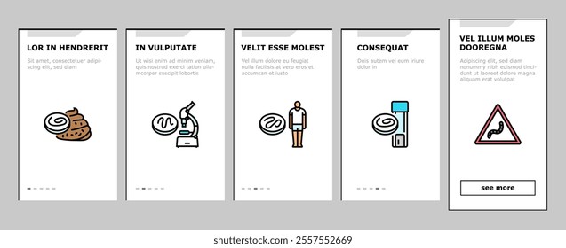 helminth worm parasite roundworm onboarding mobile vector dog tapeworm, heart helminth ascaris, internal cat, nematode pet, pinworm giardia helminth worm parasite roundworm illustrations