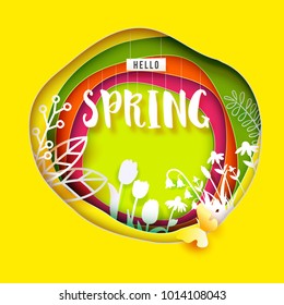 Helo Spring paper art layered background. Flowers, grass, butterfly cut out from white paper. Paper art. Vector illustration. Nature banner. Bright colors for web banner, greeting card, poster