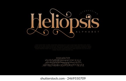 Helopsis premium luxury elegant alphabet letters and numbers. Vintage wedding typography classic serif font decorative vintage retro. creative vector illustration