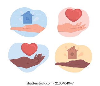 Help 2D vector isolated illustration set. Charitable offers flat hand gestures on cartoon background. Provide dwelling and support colourful editable scene for mobile, website, presentation collection
