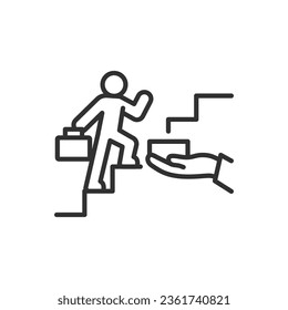 Help in achieving success, linear icon. A mentor, a business angel. Hand holds a stepping stone for the person ascending upward. walks up the stairs. Line with editable stroke