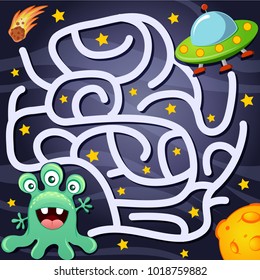 Help alien find path to UFO. Labyrinth. Maze game for kids