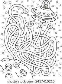 Help the alien land on the planet. Coloring page outline of the cartoon labyrinth. Colorful vector illustration of educational maze game for preschool children, summer coloring book for kids.