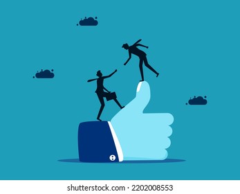 Help allies reach the top. two businessmen and thumbs up hand sign
