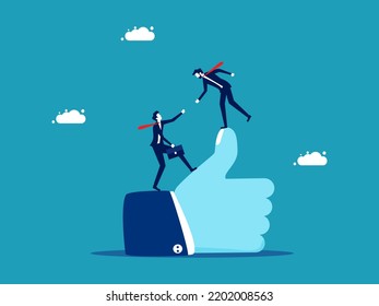 Help allies reach the top. two businessmen and thumbs up hand sign